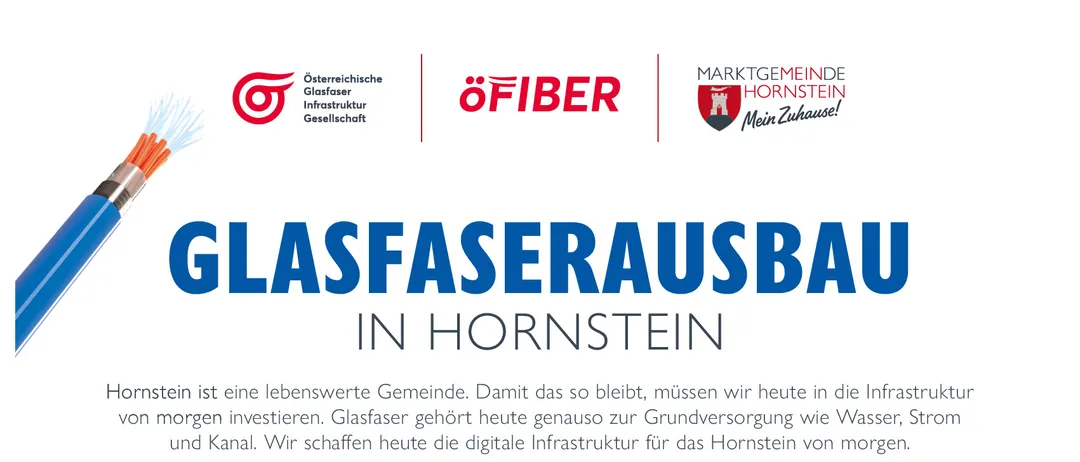 Ein Informationsposter über den Glasfaserausbau in Hornstein, Deutschland, mit Daten, Orten und einer Karte. Das Poster enthält Details über einen Infoabend und Sprechtage, zusammen mit einer Karte des ersten Baugebiets.