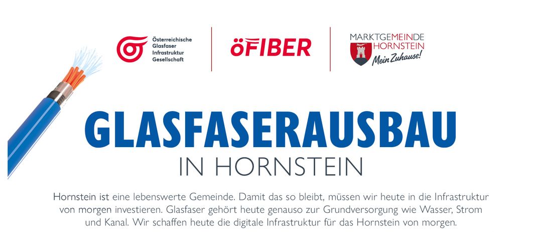 Ein Informationsposter über den Glasfaserausbau in Hornstein, Deutschland, mit Daten, Orten und einer Karte. Das Poster enthält Details über einen Infoabend und Sprechtage, zusammen mit einer Karte des ersten Baugebiets.