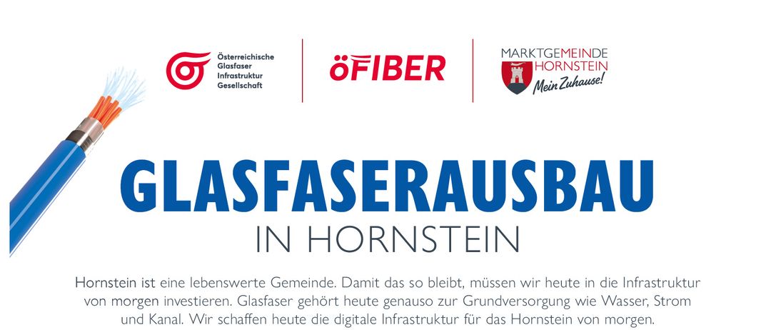 Plakat für Glasfaserausbau in Hornstein, mit Karte und Foto eines Mannes, mit Terminen und Orten für Informationsveranstaltungen und Vorträge.