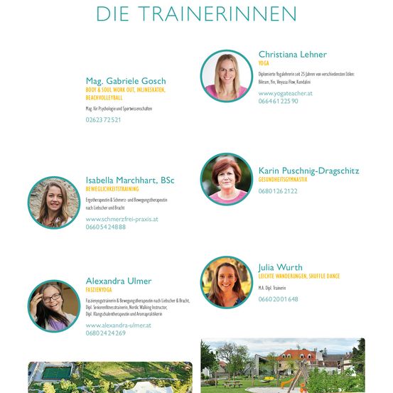 Ein Poster stellt mehrere Trainerinnen vor. Oben links bietet Mag. Gabriele Gosch Body & Soul Work Out, Inlineskaten und Beachvolleyball an. Unten bietet Karin Puschnig-Dragschitz Gesundheitsgymnastik an. Alexandra Ulmer ist auf Faszienyoga spezialisiert. Julia Wurth bietet leichte Wanderungen und Shuffle Dance an. Kontaktdaten sind angegeben.
