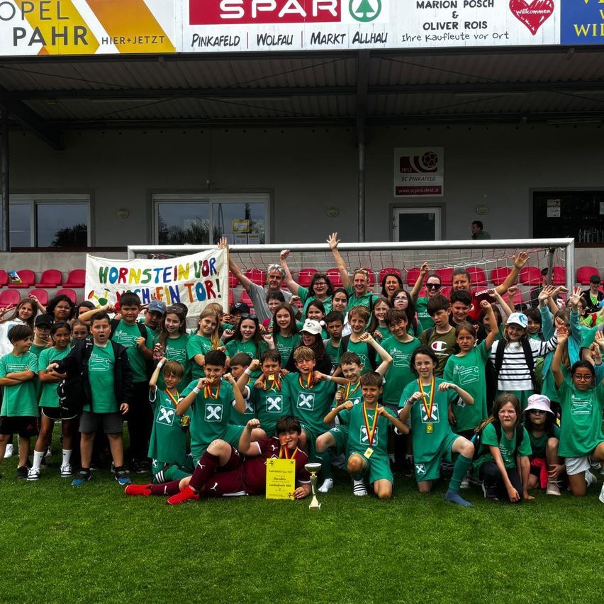 Eine Fußballmannschaft posiert für ein Foto mit Medaillen um den Hals auf einem grünen Feld, mit einem Banner hinter ihnen, das 'Hornstein vor' steht.