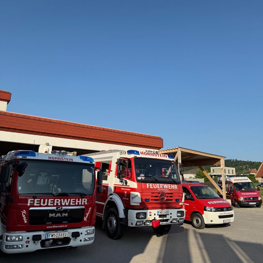 Drei rote Feuerwehrfahrzeuge sind vor einer Feuerwache geparkt. Die Fahrzeuge sind mit 'Hornstein' und 'Feuerwehr' beschriftet. Ein kleines rotes Auto ist ebenfalls in der Nähe geparkt.