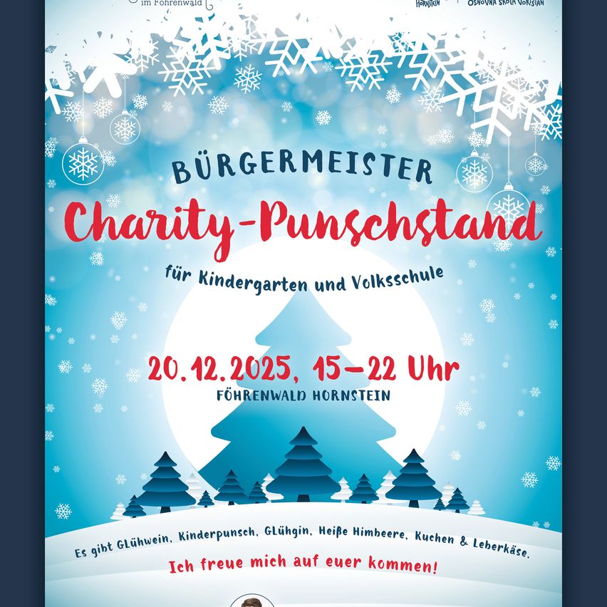Ein Plakat bewirbt einen Charity-Punschstand für Kindergarten und Schule mit Schneeflocken und Bäumen, am 20. Dezember 2025 von 15 bis 22 Uhr.