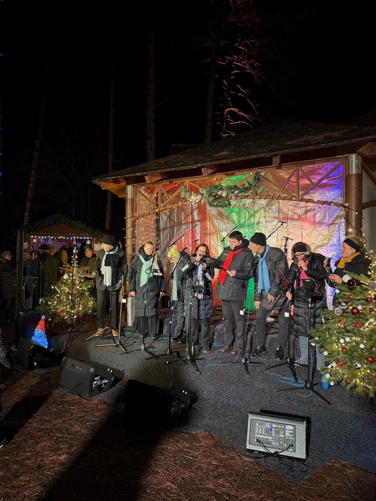 Eine Gruppe von Menschen in Winterkleidung singt auf einer Bühne vor einem geschmückten Gebäude mit Weihnachtsbäumen und Lichtern.