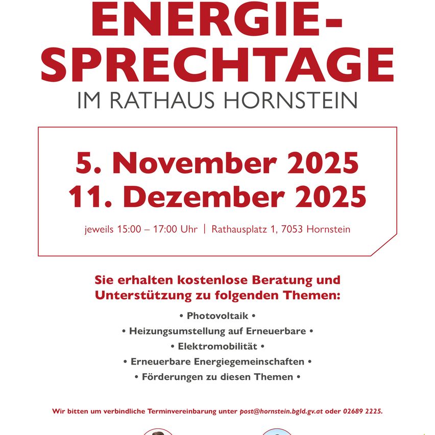 Poster for energy consultation days at Hornstein Town Hall on November 5 and December 11, 2025. Topics include photovoltaics, heating systems, electromobility, renewable energy cooperatives, and funding.