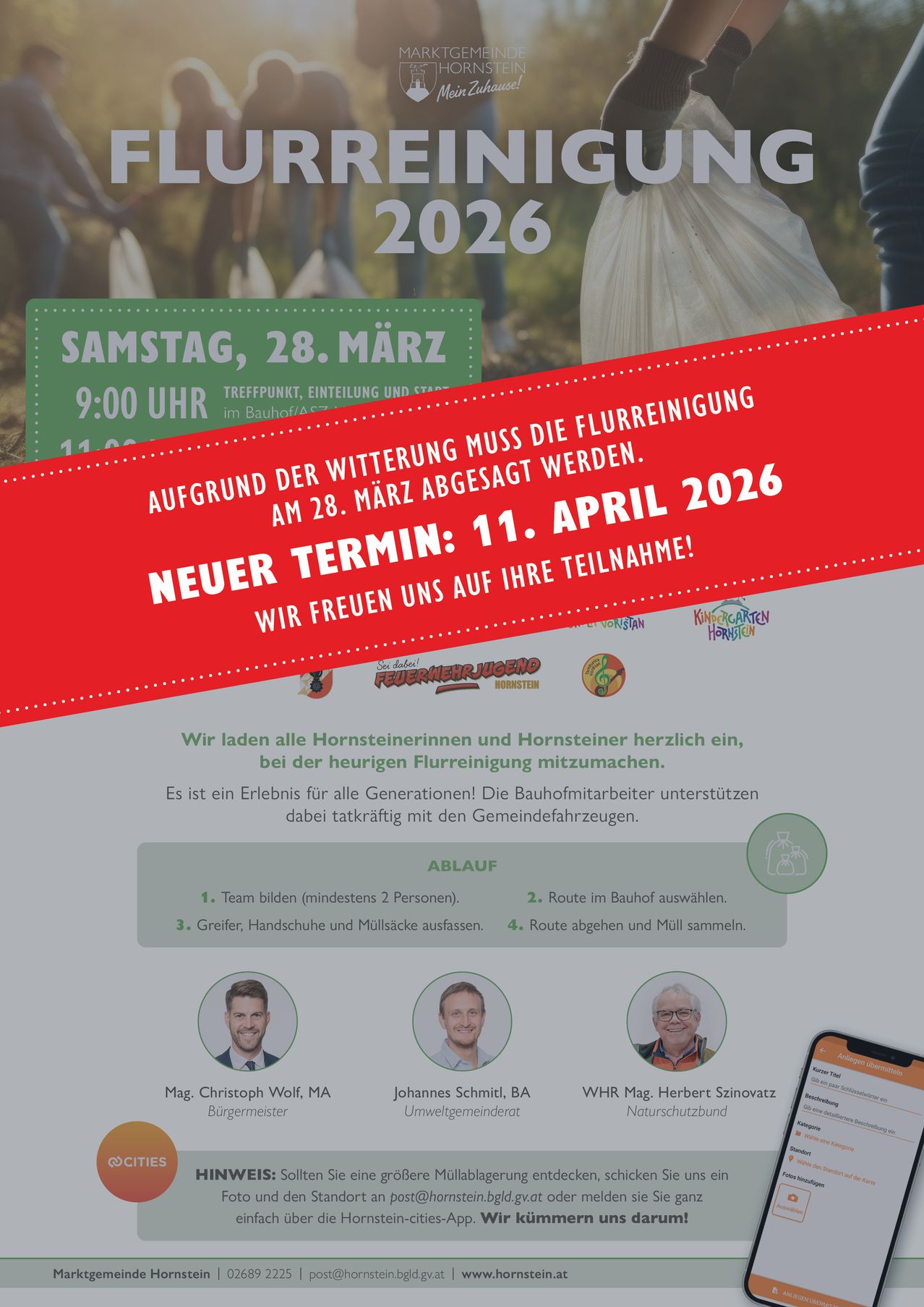 Poster for Hornstein cleanup event on April 11, 2026. Originally scheduled for March 28, postponed due to weather. Teams of at least two people, with gloves, bags, and routes selected. The town supports with vehicles. Three people pictured.