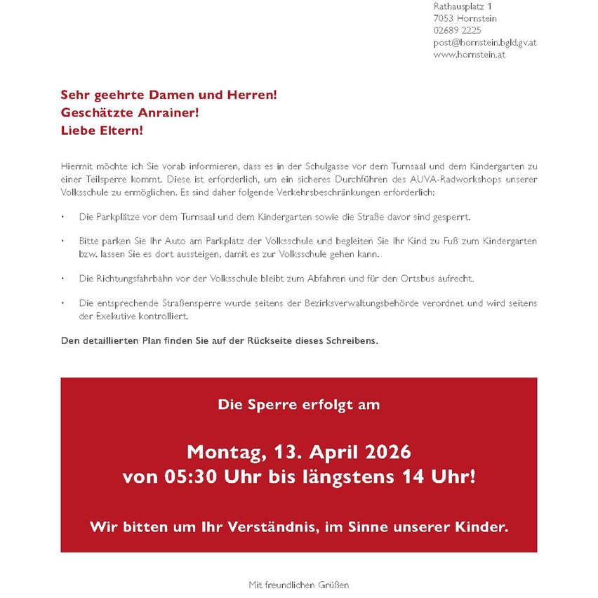 The document informs parents that a partial road closure is necessary for the AUV workshop at the school. Parents are asked to park in a designated area and walk their children to school. The road in front of the school will be closed for buses. The closure will occur on April 13, 2026, from 5:30 AM to 2 PM.