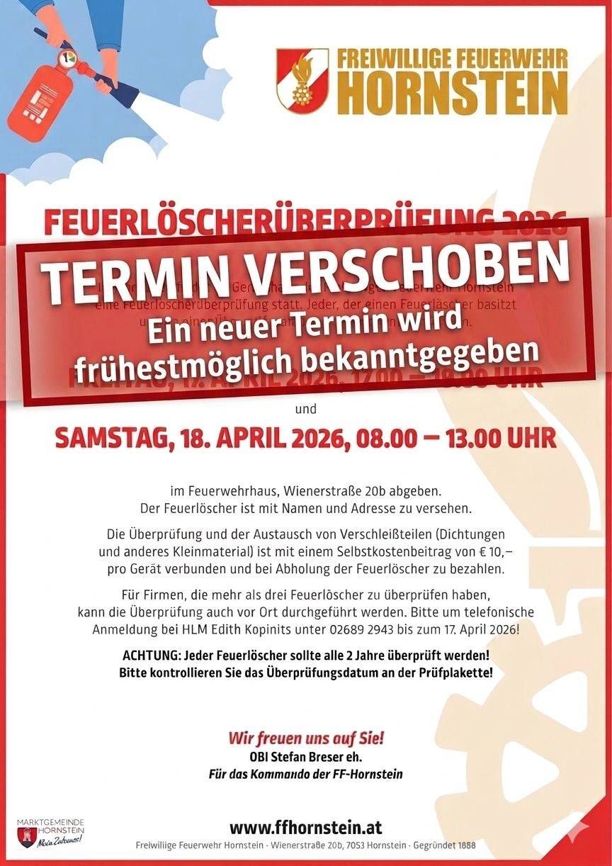 The fire extinguisher inspection is scheduled for April 18, 2026, from 08:00 to 13:00 at the fire department on Wiener Strasse 20b. The fire extinguisher must be provided with name and address. Inspection and exchange of sealing parts are subject to a self-cost contribution of 10 Euros per device and must be paid when collecting the fire extinguishers.