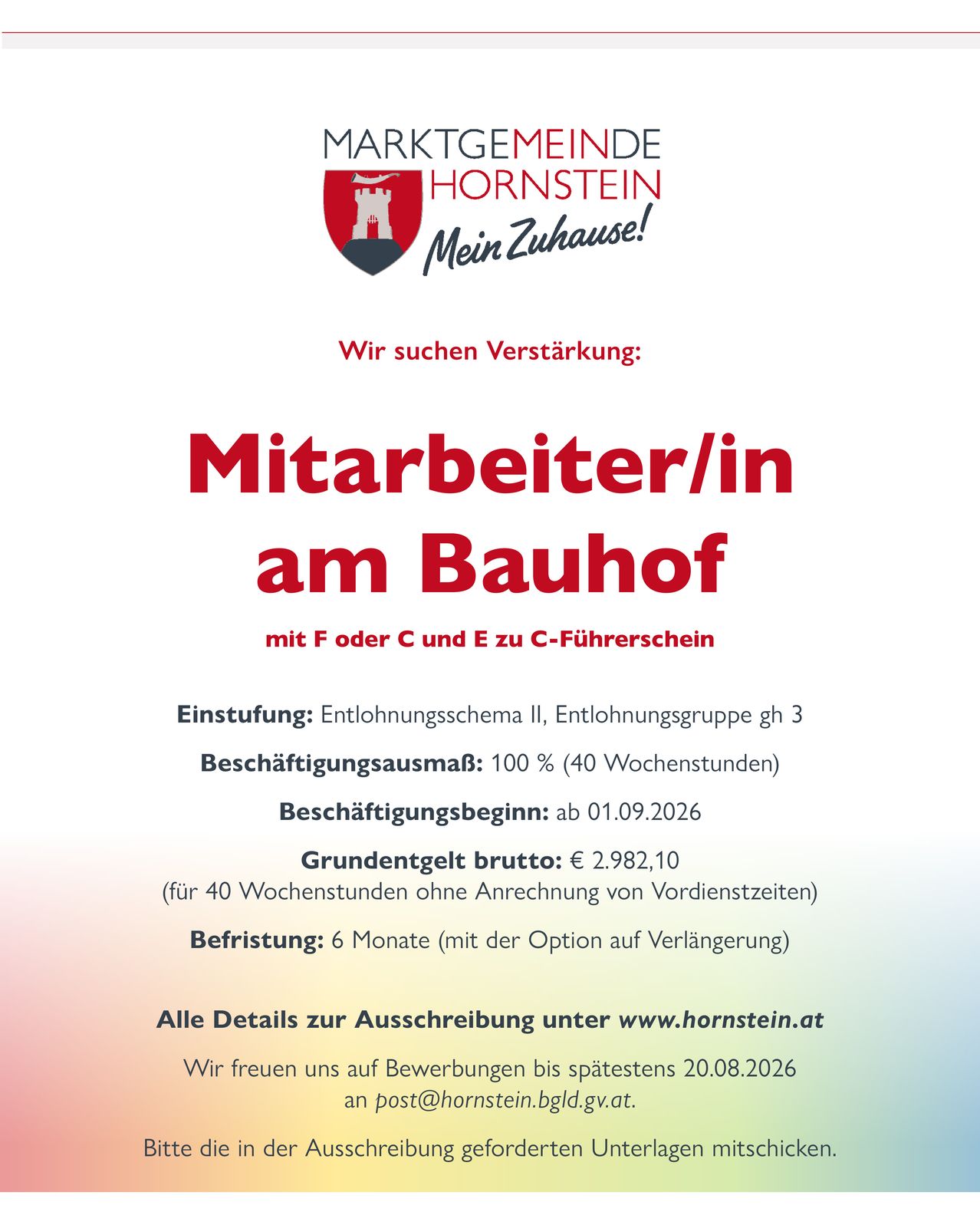 Job advertisement for a construction worker at the Hornstein community. The job requires F or C and E driving licenses. The job is full-time, starting September 1, 2026, with a gross salary of 2,982.10 euros. The contract is for six months, with the option to extend.