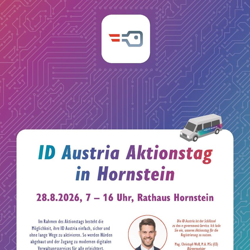 Poster for ID Austria Aktionstag in Hornstein on August 28, 2026, from 7 to 16 pm, at Rathaus Hornstein. Features a man, a van, and a circuit board background.