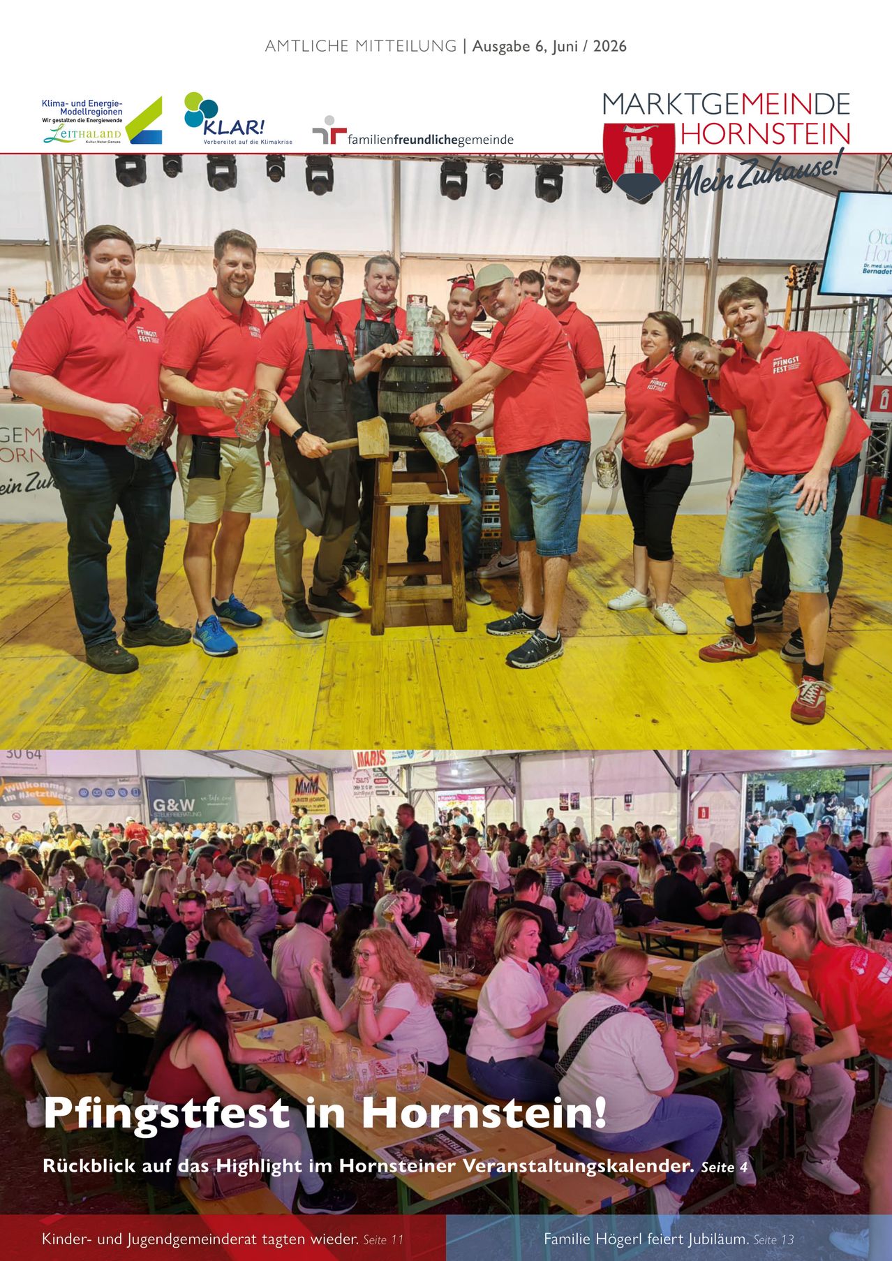 Zwei Bilder: eine Gruppe von Menschen in roten Shirts mit Gläsern und einem Fass, eine weitere große Menschenmenge in einem Veranstaltungssaal beim Essen und Trinken.