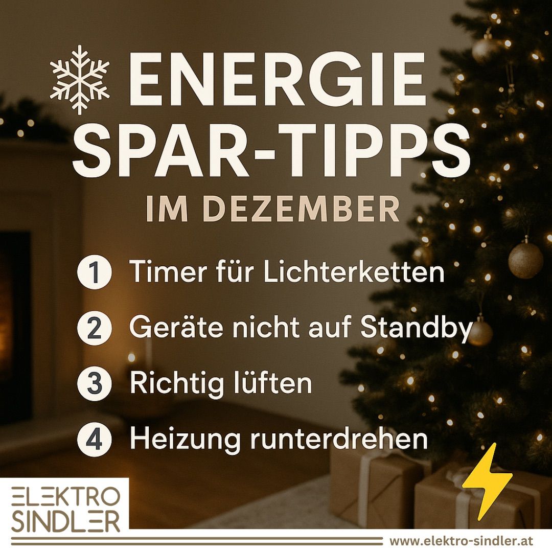 Ein Poster mit einem Weihnachtsbaum zeigt Energiespartipps für Dezember, einschließlich der Verwendung eines Timers für Lichterketten, kein Gerät im Standby-Modus lassen, richtige Belüftung und herunterdrehen der Heizung.