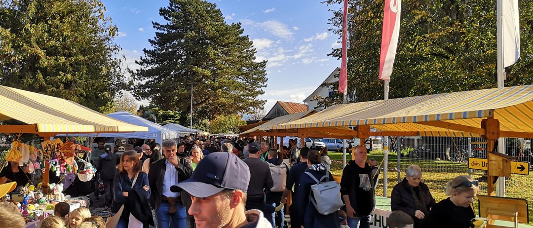 Ein geschäftiger Freiluftmarkt mit verschiedenen Zelten und Markisen. Menschen, einschließlich Kinder, gehen herum, einige stöbern nach Artikeln. Bäume und Häuser sind im Hintergrund zu sehen.