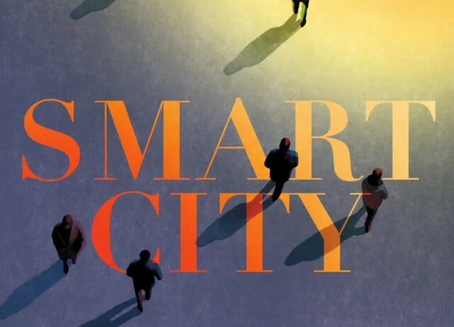 Ein Buchcover mit dem Titel 'Smart City' in großen orangefarbenen Buchstaben. Fünf Silhouetten von Menschen gehen auf einem blau-gelben Gradientenhintergrund.