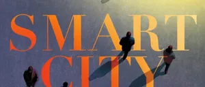 Ein Buchcover mit dem Titel 'Smart City' in großen orangefarbenen Buchstaben. Fünf Silhouetten von Menschen gehen auf einem blau-gelben Gradientenhintergrund.