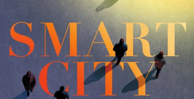 Ein Buchcover mit dem Titel 'Smart City' in großen orangefarbenen Buchstaben. Fünf Silhouetten von Menschen gehen auf einem blau-gelben Gradientenhintergrund.