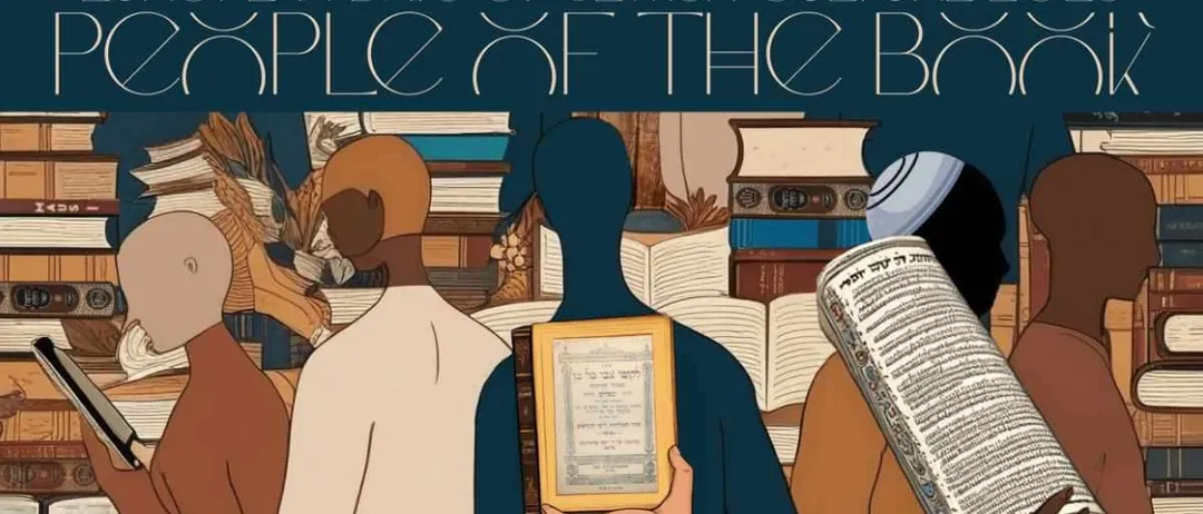 Illustration von Menschen, die zwischen Büchern stehen, einer hält ein gerahmtes Dokument, mit 'Europäische Tage jüdischer Kultur' oben.