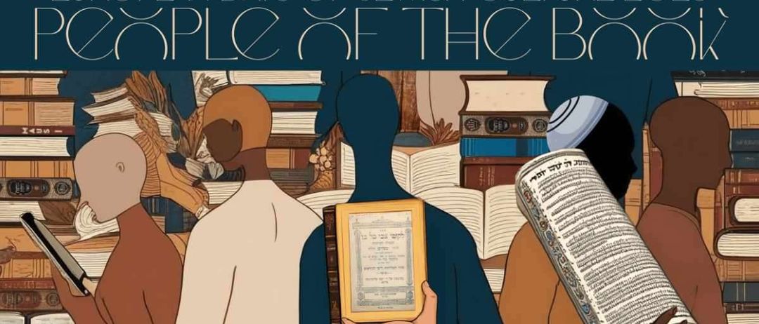 Illustration von Menschen, die zwischen Büchern stehen, einer hält ein gerahmtes Dokument, mit 'Europäische Tage jüdischer Kultur' oben.