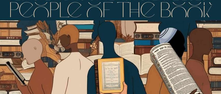 Illustration von Menschen, die zwischen Büchern stehen, einer hält ein gerahmtes Dokument, mit 'Europäische Tage jüdischer Kultur' oben.