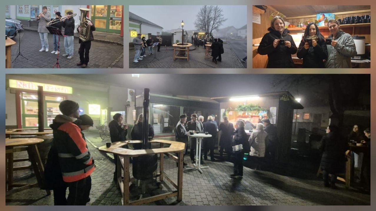 Eine Collage von Bildern zeigt einen Musiker, der Tuba spielt, Menschen, die Instrumente spielen, eine Frau, die eine Kamera hält, und eine Gruppe von Menschen, die sich um eine Bar in einer Außenumgebung versammeln.