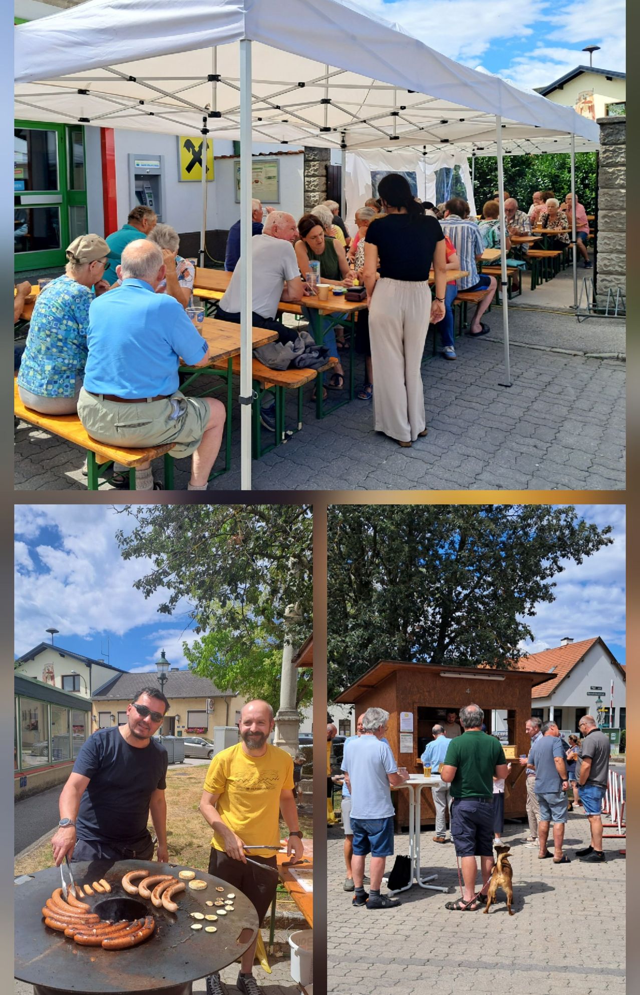 Eine Collage von Bildern, die ältere Menschen an Tischen im Freien, einen Mann neben einem Baum und eine Gruppe von Menschen um einen kleinen Stand herum zeigt.