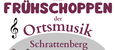 Plakat für ein Musikevent mit der lokalen Musikgruppe 'Ortsmusik Schrattenberg'. Die Gruppe ist in burgunderroten Shirts abgebildet und hält verschiedene Blechblasinstrumente. Das Event findet am Sonntag, 9. August 2026, von 11:30 Uhr bis 14:00 Uhr im Gasthof 'der Zesch' statt. Der Eintritt ist frei.