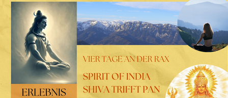 A four-day workshop by Shiva Trift Pan at Reichenau a.d. Rax from May 21-24, 2026, hosted by Alruna. Features yoga, mantras, meditation, Indian textile printing, and contact with spiritual realms. Contact: www.alruna.at, info@alruna.at, +43 699 19681687. Participation fee: 490 euros. QR code for registration.