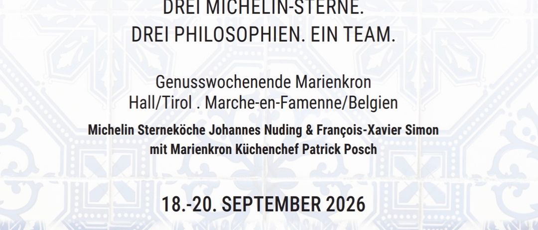 Plakat für ein Food Retreat mit drei Köchen, Informationen über eine dreitägige Veranstaltung im September 2026, einschließlich Gourmet-Mahlzeiten, Spa und Poolzugang.