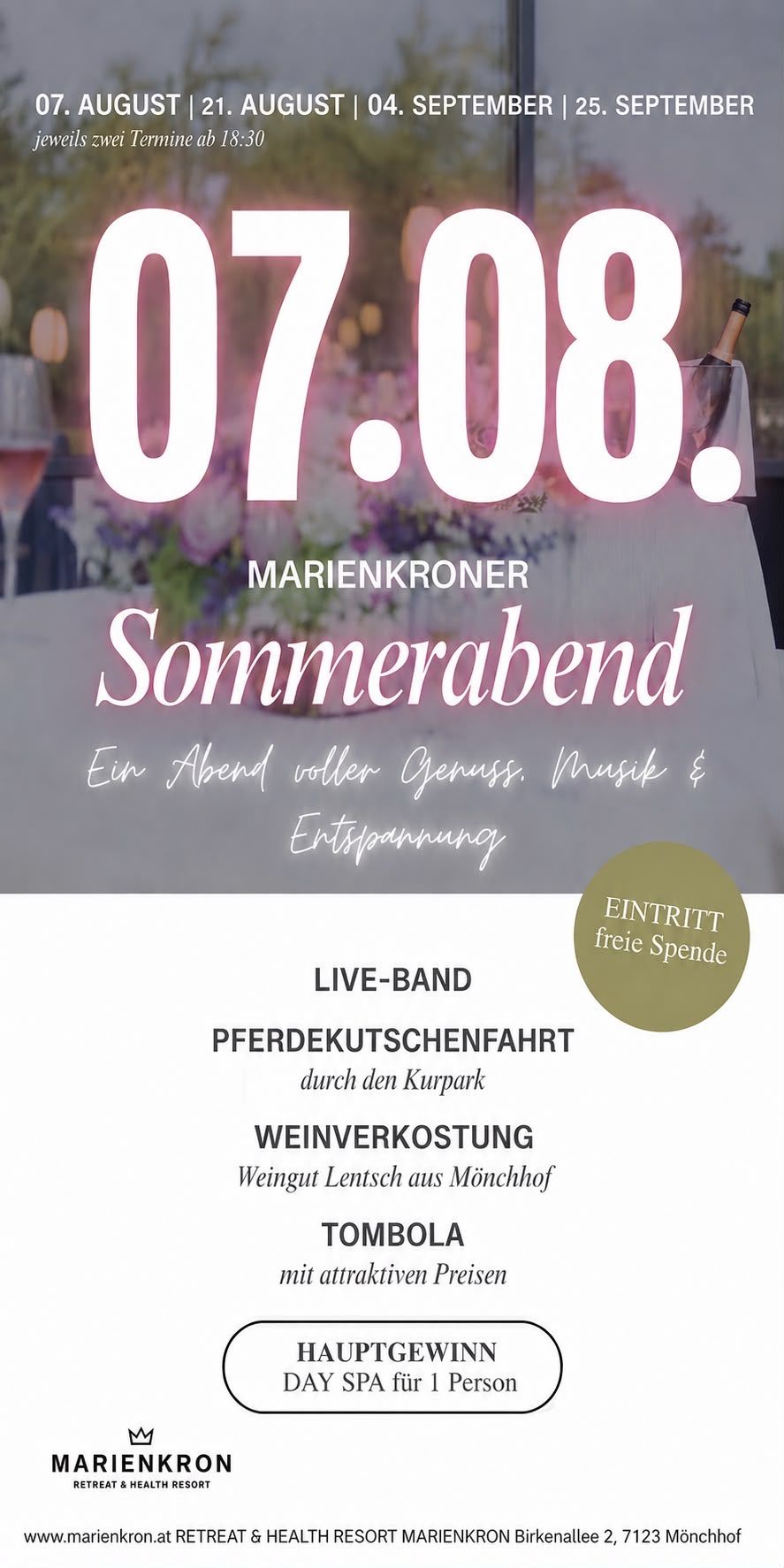 Werbung für Marienkroner Sommerabend mit Blumenarrangement, Weingläsern und Live-Band. Das Event verspricht einen Abend voller Genuss, Musik und Entspannung.