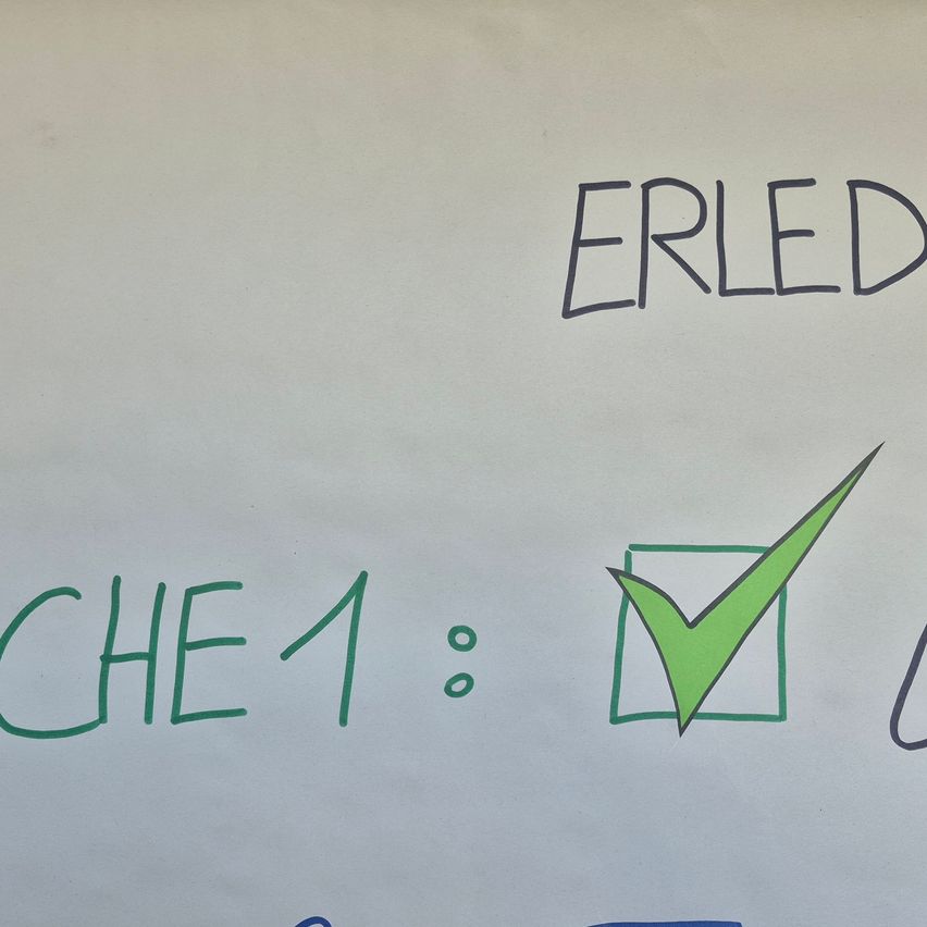 Ein Whiteboard zeigt oben 'ERLED' und darunter 'CHE1:'. Ein grünes Häkchen neben CHE1 zeigt eine abgeschlossene Aufgabe oder Genehmigung an.