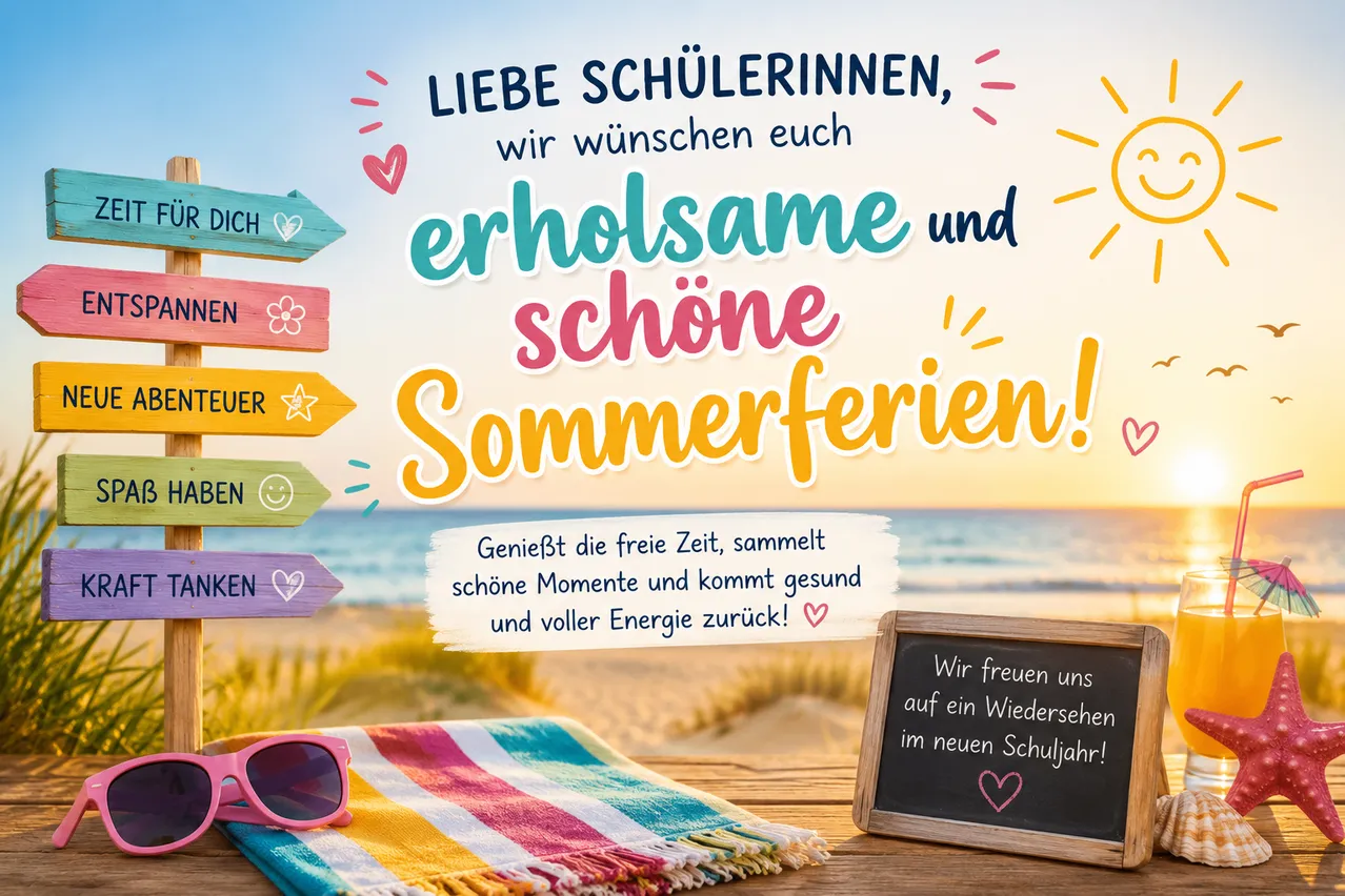 Ein Poster mit einem Strandhintergrund, einem Strandtuch und Sonnenbrille auf einem Holztisch. Es steht: 'Liebe Schülerinnen, wir wünschen euch erholsame und schöne Sommerferien!' mit einer Botschaft über das Genießen der freien Zeit und die Rückkehr gesund und voller Energie.