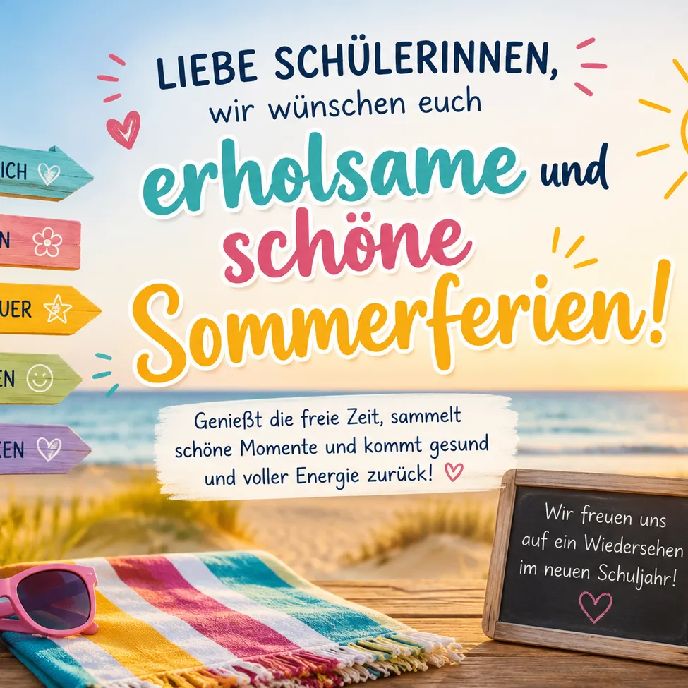 Ein Poster mit einem Strandhintergrund, einem Strandtuch und Sonnenbrille auf einem Holztisch. Es steht: 'Liebe Schülerinnen, wir wünschen euch erholsame und schöne Sommerferien!' mit einer Botschaft über das Genießen der freien Zeit und die Rückkehr gesund und voller Energie.