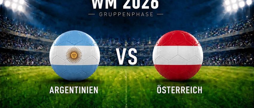 WM 2026 Gruppenphase: Argentinien gegen Österreich. Zwei Fußballbälle, einer für jedes Team, auf einem grünen Rasen.