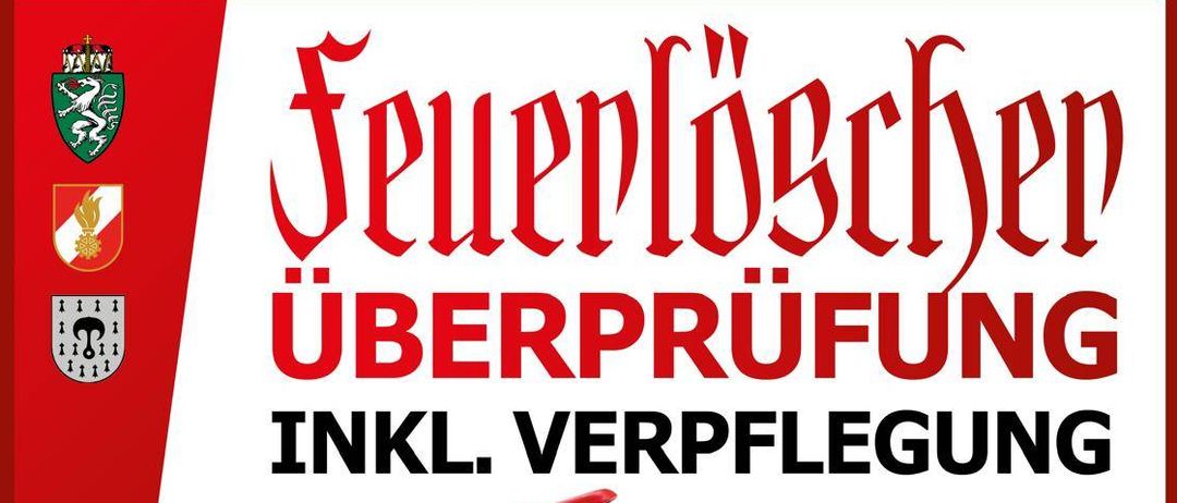 Eine Werbung für eine Feuerlöscher-Überprüfung, einschließlich Pflege, am Samstag, 22. November 2025, von 08:00 bis 12:00 Uhr im Rüsthaus.