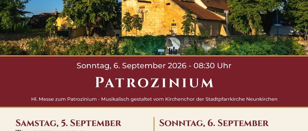 Plakat für eine Kirchenveranstaltung am 6. September 2026 mit einer Kirche, einem Turm und Bäumen im Hintergrund. Das Plakat enthält einen Zeitplan für Aktivitäten und Musikaufführungen.