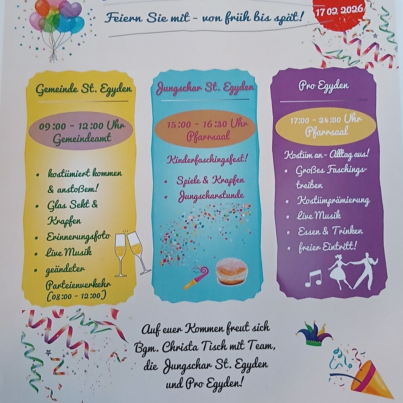Plakat für St. Egyden-Veranstaltung. Beinhaltet Gemeinde St. Egyden, Jungschar St. Egyden und Pro Egyden. Zeiten, Aktivitäten und Attraktionen aufgelistet. Gastgeber ist Christa Tisch.