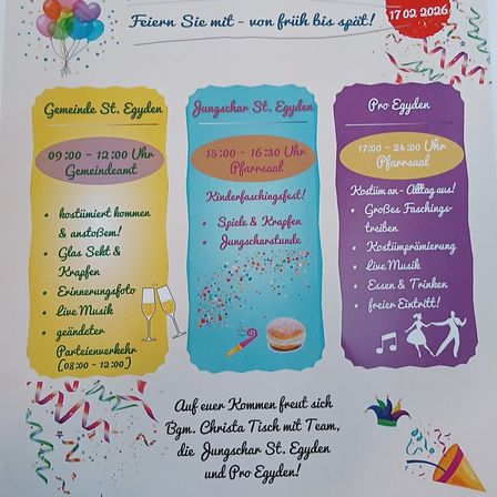 Plakat für St. Egyden-Veranstaltung. Beinhaltet Gemeinde St. Egyden, Jungschar St. Egyden und Pro Egyden. Zeiten, Aktivitäten und Attraktionen aufgelistet. Gastgeber ist Christa Tisch.