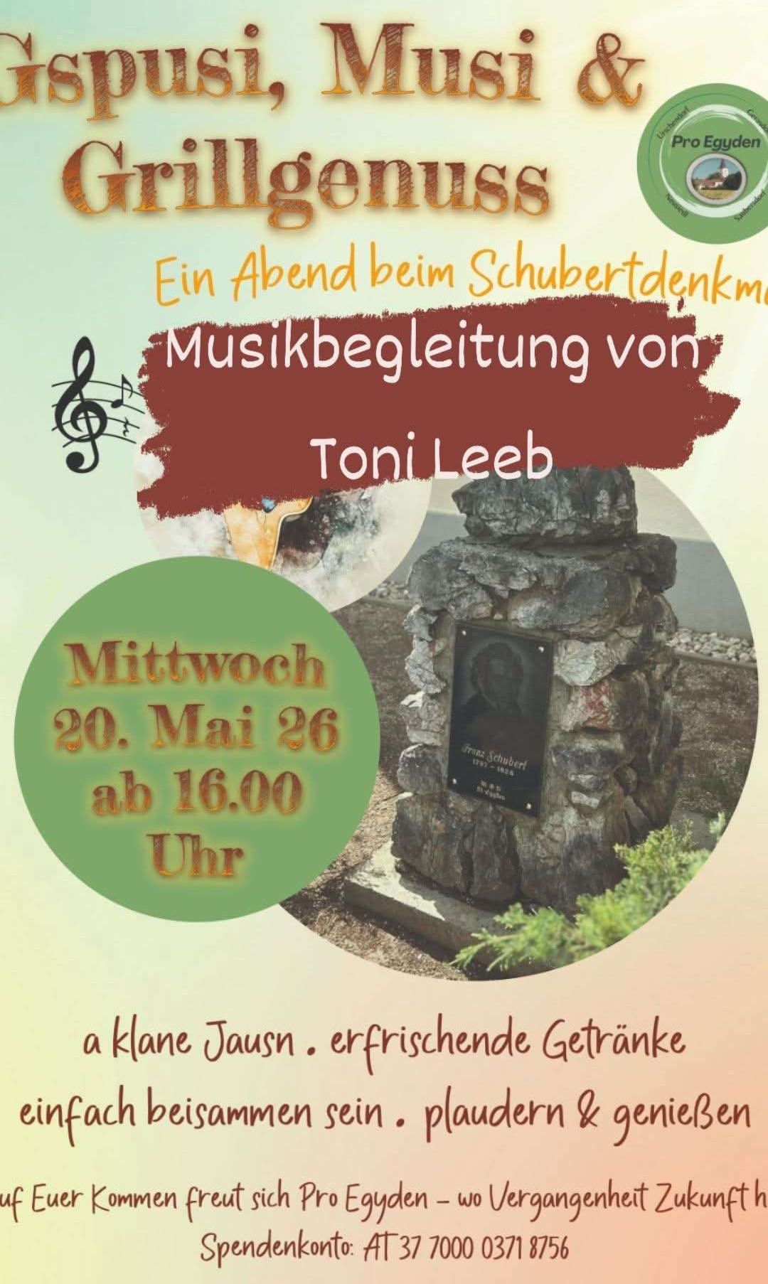 Poster for an evening at the Schubert Monument with musical accompaniment by Toni Leeb. Date: Wednesday, May 26, starting at 4 PM.
