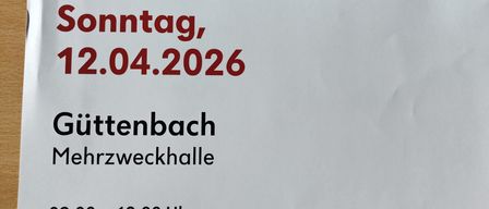 Poster advertising a blood donation event on Sunday, April 12, 2026, at Guentherbach Mehrzweckhalle. The event is from 9:00 AM to 12:00 PM and 1:00 PM to 4:00 PM. The poster includes a QR code and contact information.