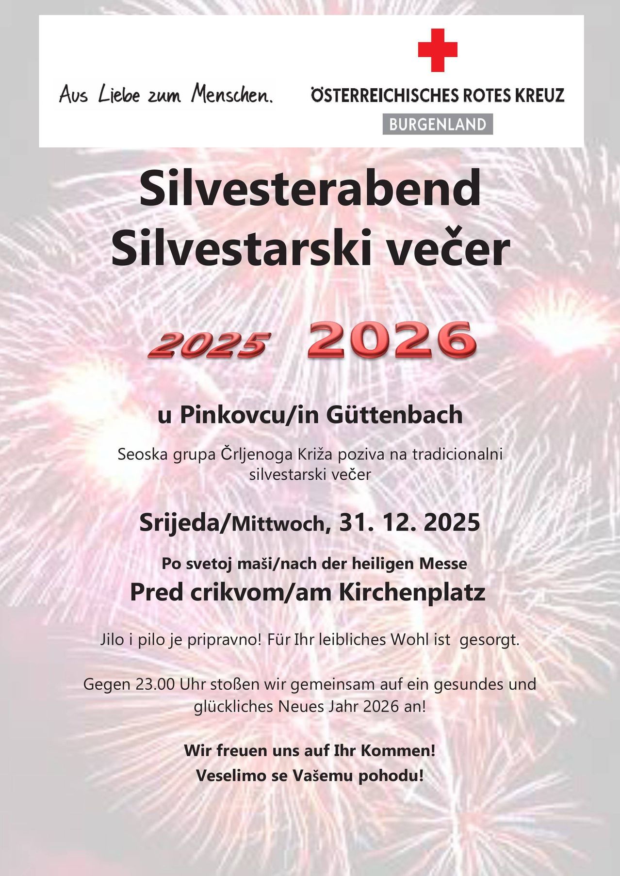 Plakat für einen Silvesterabend in Pinkovac/Güttenbach. Organisiert von der lokalen Kreuzgruppe. Datum: 31. Dezember 2025. Beginnt nach der heiligen Messe vor der Kirche. Um 23:00 versammeln sie sich für ein gesundes und glückliches Neues Jahr 2026.