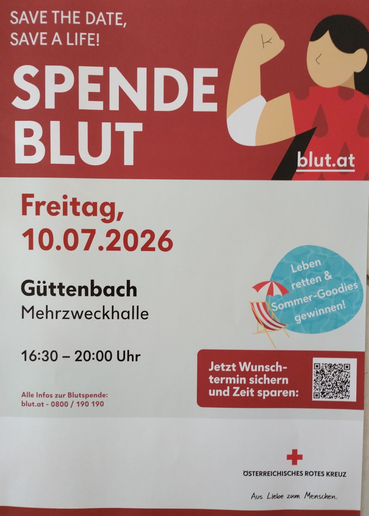 Plakat für Blutspende-Event in Guüttenbach Mehrzweckhalle. Veranstaltung am Freitag, 10. Juli 2026, von 16:30 bis 20:00 Uhr. Webseite für weitere Infos: blut.at, Kontaktnummer: 0800/190190. QR-Code für Online-Terminvereinbarung.