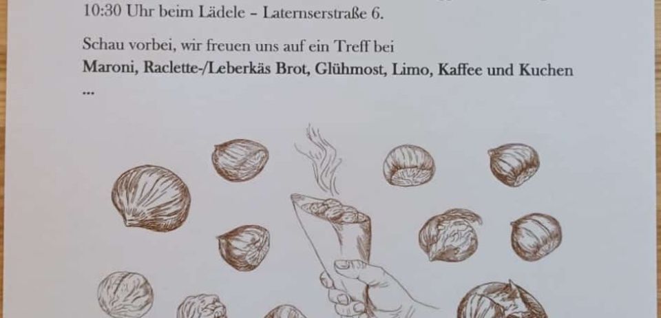 Eine Einladungskarte für ein Treffen im Lädele am 09.11.2025, Beginn: 10:30 Uhr. Sie zeigt eine Hand, die eine Fackel hält, umgeben von Illustrationen von Kastanien. Der Text lädt Mitglieder und Freunde zu einem 'Torgele-Fest' mit Essen und Getränken ein.