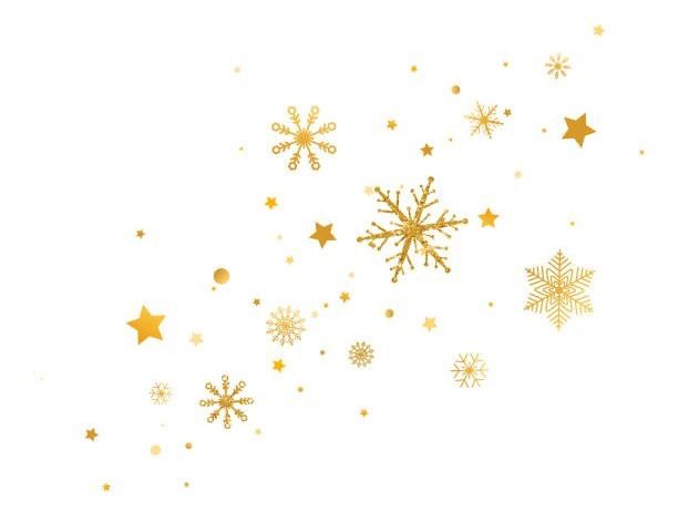 Ein weißer Hintergrund ist mit goldenen Schneeflocken und Sternen verziert. Schneeflocken und Sterne sind verstreut.