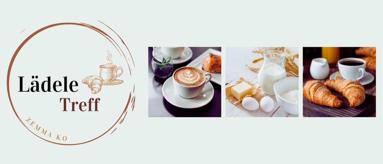 Ein Bild mit einer Tasse Kaffee auf einer Untertasse, Croissants, einer Milchkanne und Zutaten wie Eier und Butter auf einem Holztisch.