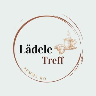 Ein Logo für 'Ladele Treff' mit einer Kaffeetasse mit Dampf und einem Croissant auf einer Untertasse, vor einem braunen Kreishintergrund. Der Text 'Zemma ko' ist unten.