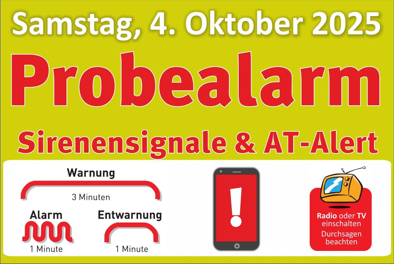 Eine Werbung mit gelbem Hintergrund und rotem Text für einen Testalarm am 4. Oktober. Sie zeigt Symbole für ein Telefon, ein Warnzeichen und einen Zug mit Zeiten von 3 Minuten, einer Warnung und 1 Minute.