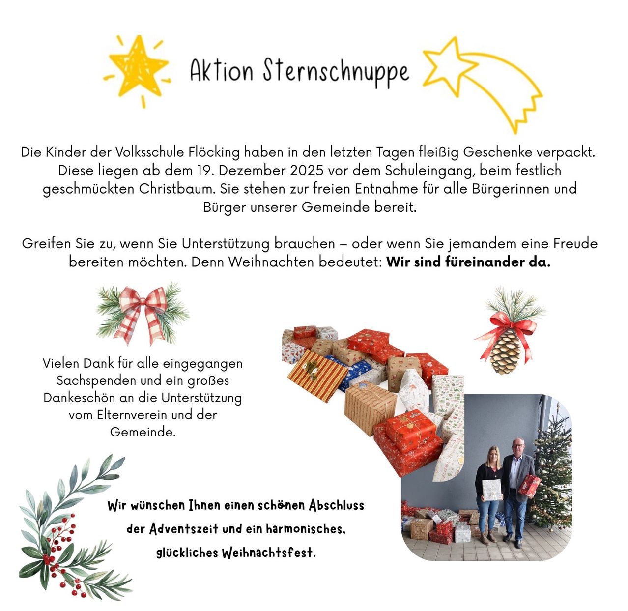 Plakat für die Sternschnuppe Aktion der Grundschule Flocking. Es zeigt einen festlich geschmückten Weihnachtsbaum, verpackte Geschenke und ein Foto einer Familie mit Geschenken. Das Plakat lädt die Gemeinschaft ein, die Geschenke am 19. Dezember 2025 mitzunehmen.