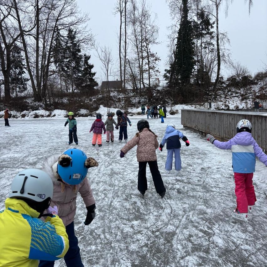 Mehrere Kinder skaten auf einer Eisbahn im Freien, umgeben von schneebedeckten Bäumen und einer Holzbarriere. Einige tragen Helme und Handschuhe.