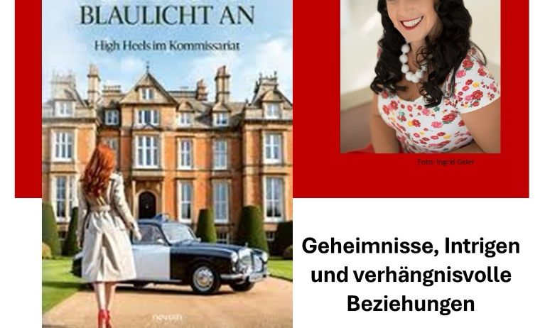 Buchcover von 'Vorhang auf Blaulicht an' von Ingrid Geier. Die Titelseite zeigt eine Frau vor einem großen Gebäude und einem Auto. Das Buch handelt von Geheimnissen, Intrigen und schicksalhaften Beziehungen.
