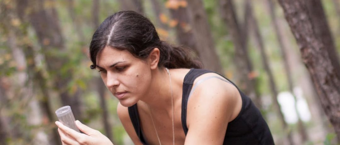 Eine Frau in einem schwarzen Tanktop und khakifarbener Hose kniet in einem Wald und untersucht ein kleines Objekt in ihren Händen.